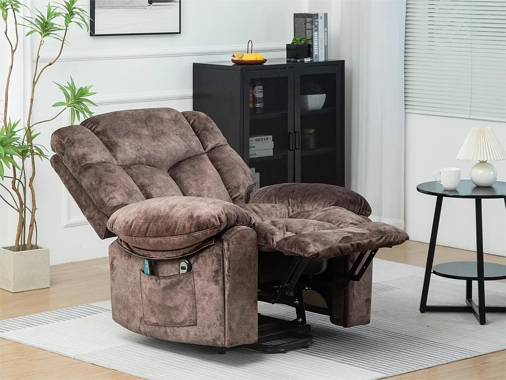 Elektrische relaxfauteuil met verwarmings- en trilfunctie - 2 verborgen bekerhouders en zijvakken - Bruin