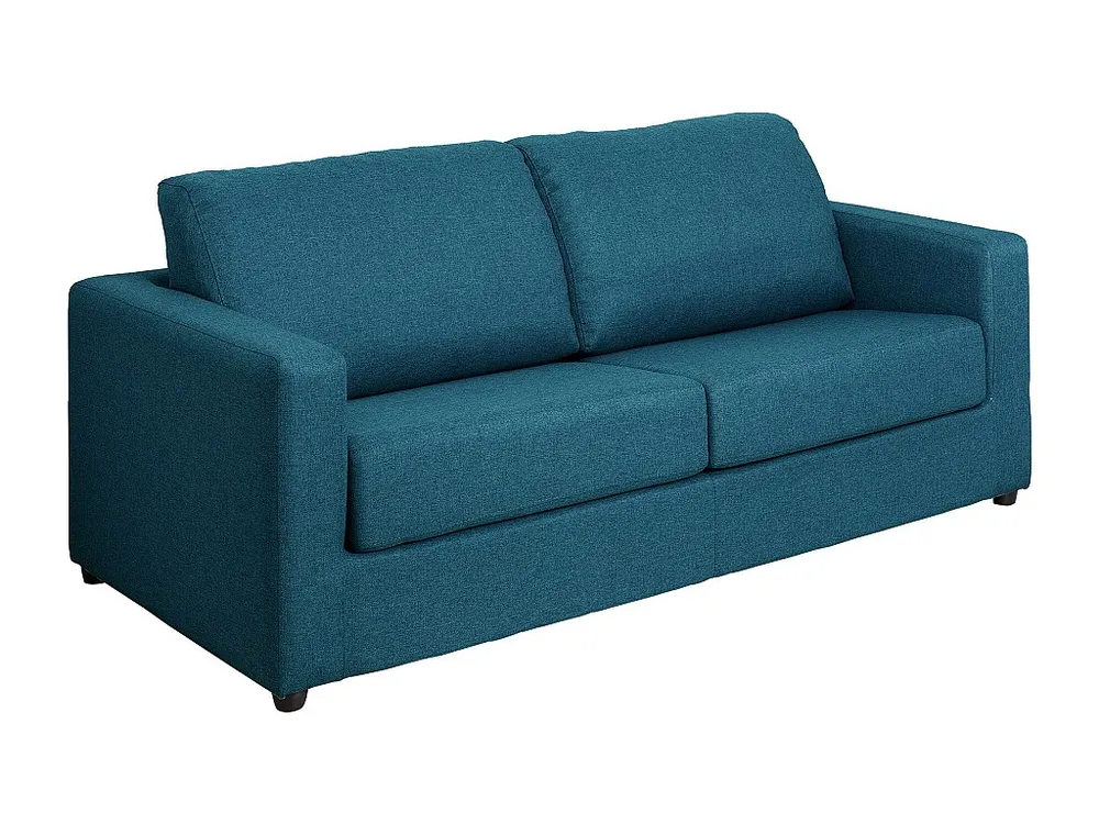 Express-slaapbank van blauwe stof, bed 140 cm, matras 14 cm DONETO