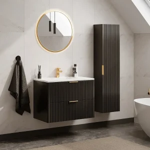 Geribbeld badkamermeubel met inbouwwastafel en kolomkast, Zwart, 80 cm, ZEVARA