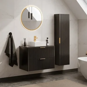 Geribbeld wastafelmeubel met opzetwastafel en kast, Zwart, 80 cm, ZEVARA