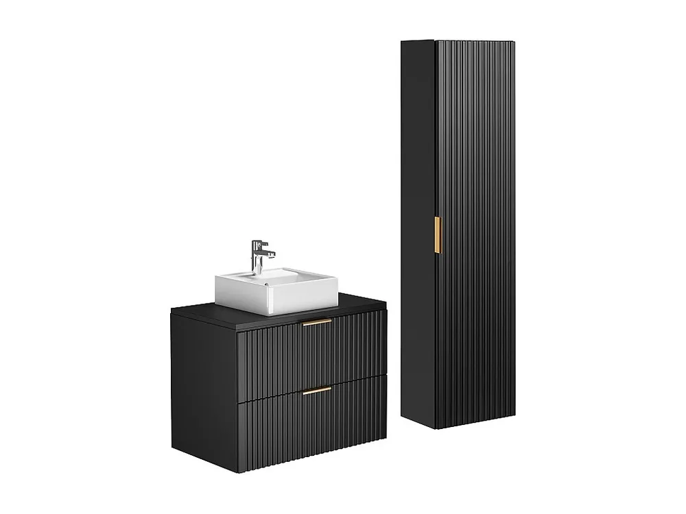 Geribbeld wastafelmeubel met opzetwastafel en kast, Zwart, 80 cm, ZEVARA