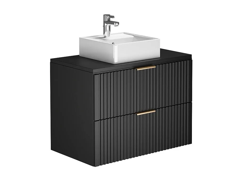 Geribbeld wastafelmeubel met opzetwastafel en kast, Zwart, 80 cm, ZEVARA