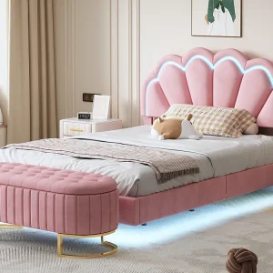 Gestoffeerd bed 140 x 200 cm met uitschuifbare zitbank - LED's - Fluweel - Roze