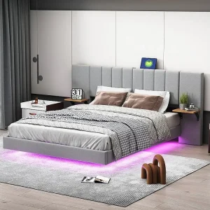 Gestoffeerd bed 160 x 200 cm met langwerpig hoofdeinde en zijplanken - USB-aansluiting en LED's - Linnenstof - Grijs