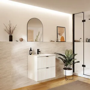 Gestreept hangmeubel voor badkamer met inbouwwastafel, mat wit, 60 cm, ZEVINI
