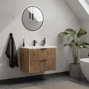 Gestreept hangmeubel voor badkamer met inbouwwastafel, zwak naturel,80 cm, ZEVARA