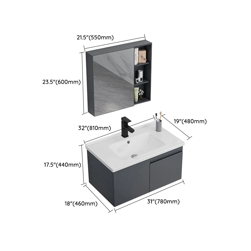 Grey Bath Vanity Wall Mount Rectangular Los Sink Mirror Metal Frame Vanity Doors 24l