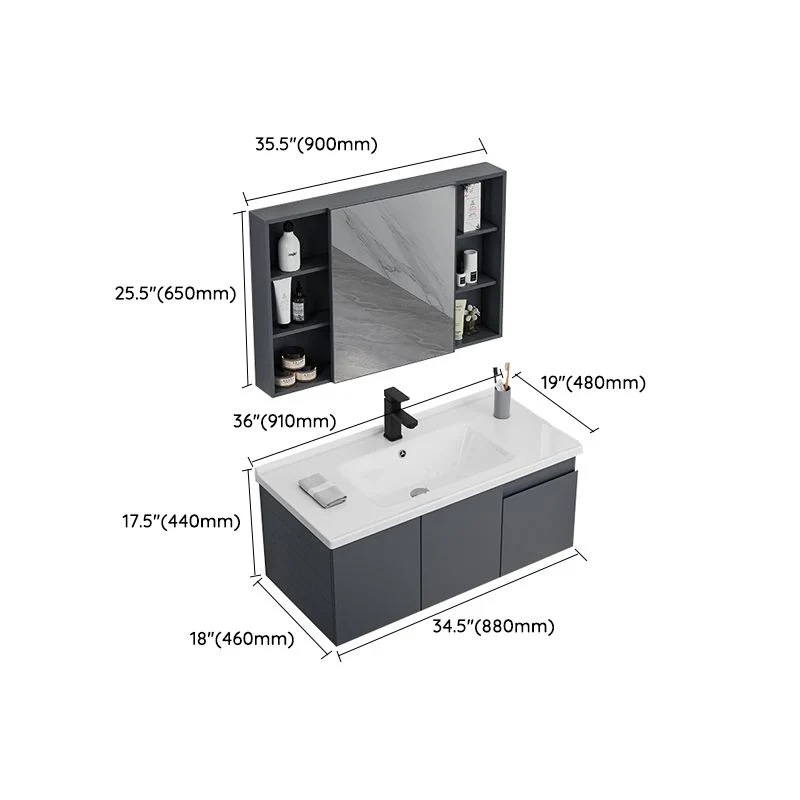 Grey Bath Vanity Wall Mount Rectangular Los Sink Mirror Metal Frame Vanity Doors 24l