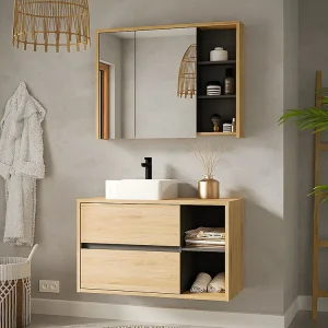 Hangend badkamermeubel enkele wastafel en spiegelkast - Naturel - 100 cm - Koop nu online