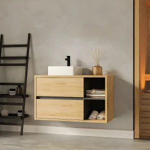 Hangend badkamermeubel met enkele wastafel - Naturel - 100 cm - PURNAL - Koop nu online