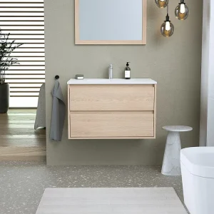 Hangend badkamermeubel met ingebouwde wastafel en spiegel - Eiken fineer - 80 cm - MILIPAM