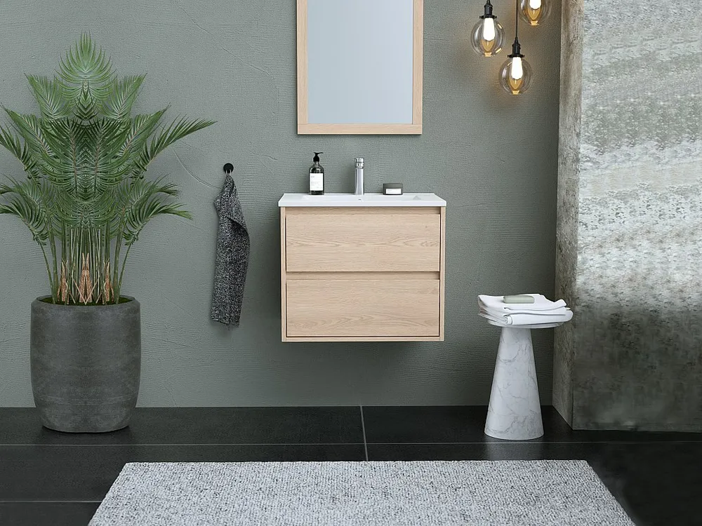 Hangend badkamermeubel met ingebouwde wastafel en spiegel - Eiken fineer - 60 cm - MILIPAM