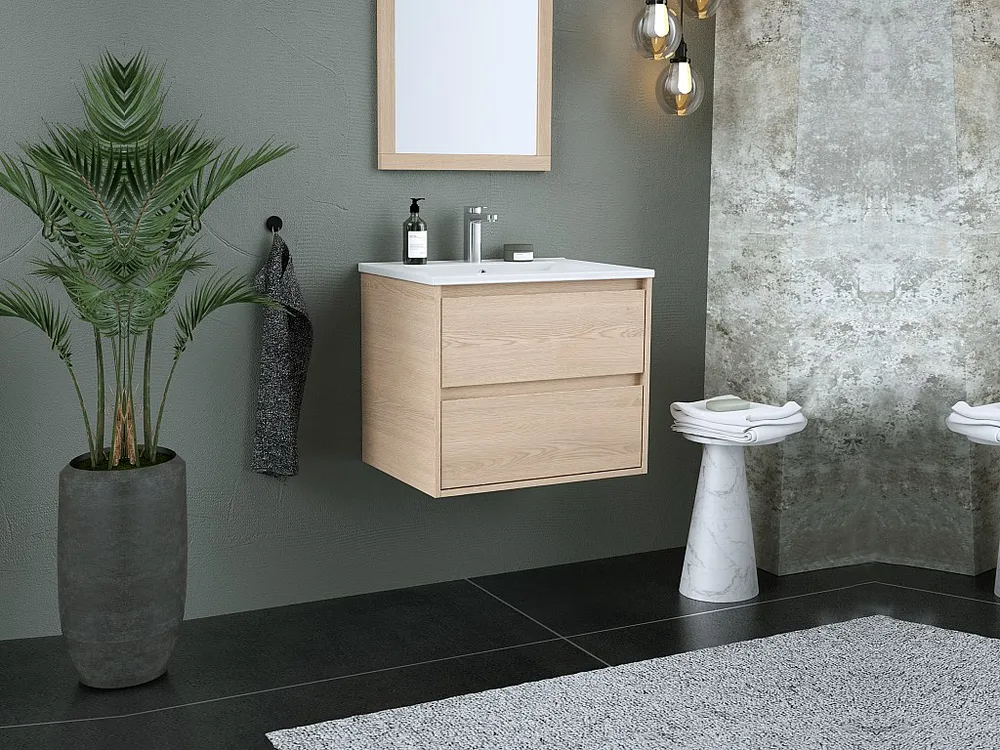 Hangend badkamermeubel met ingebouwde wastafel en spiegel - Eiken fineer - 60 cm - MILIPAM