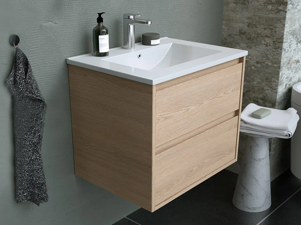 Hangend badkamermeubel met ingebouwde wastafel en spiegel - Eiken fineer - 60 cm - MILIPAM
