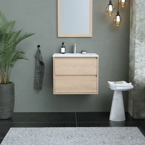 Hangend badkamermeubel met ingebouwde wastafel en spiegel - Eiken fineer - 60 cm - MILIPAM
