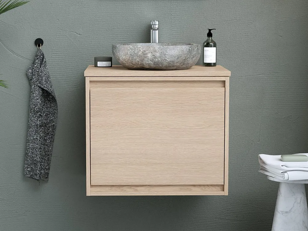 Hangend badkamermeubel met opzet wastafel van steen, 60 cm, MESLIVA