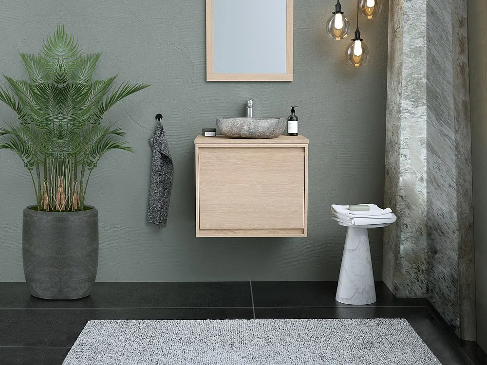Hangend badkamermeubel met opzet wastafel van steen, 60 cm, MESLIVA