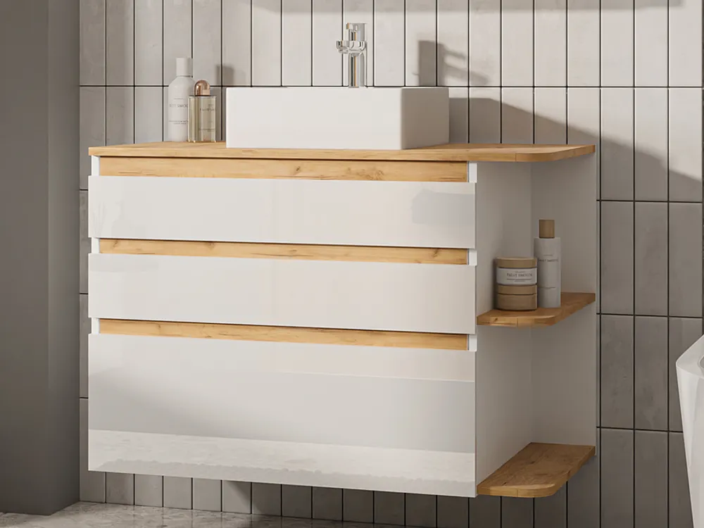 Hangend badkamermeubel met wastafel - Naturel en wit - 96 cm - ANIDA - Koop nu simpel online