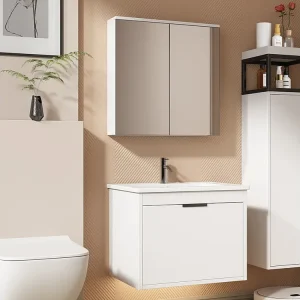 Hangend badkamermeubel 60 cm uitgebreid - met keramische wastafel en spiegelkast - modern design - wit