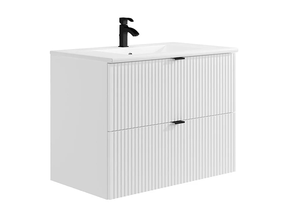 Hangend, geribbeld badkamermeubel met inbouwwastafel, wit, L80 cm, ZEVINI