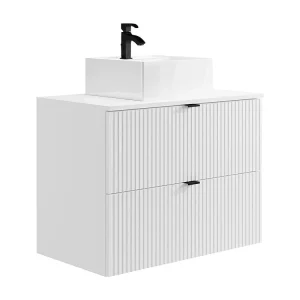 Hangend, geribbeld badkamermeubel met opzetwastafel, wit, L80 cm, ZEVINI