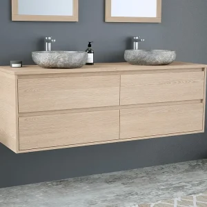 Hangmeubel voor badkamer met dubbele wastafel om erop te arrangeren van steen en spiegel, 150 cm, MILIPAM