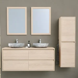 Hangmeubel voor badkamer met dubbele wastafel om erop te installeren van steen, spiegel en kast - 120 cm - MILIPAM
