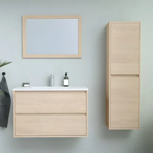 Hangmeubel voor badkamer met inbouwwastafel, spiegel, kast, eikenfineer, 80 cm, MILIPAM