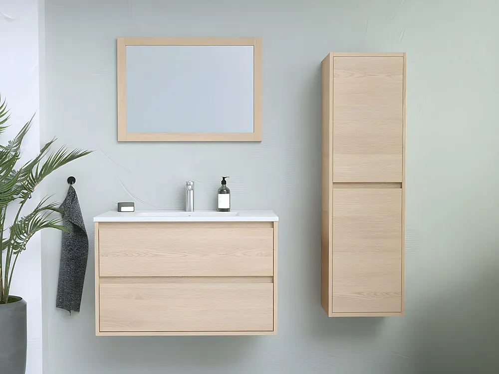 Hangmeubel voor badkamer met inbouwwastafel, spiegel, kast, eikenfineer, 80 cm, MILIPAM