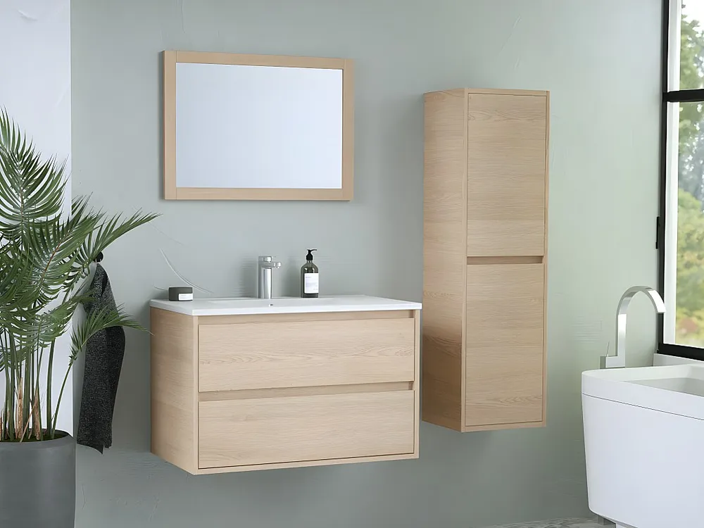 Hangmeubel voor badkamer met inbouwwastafel, spiegel, kast, eikenfineer, 80 cm, MILIPAM