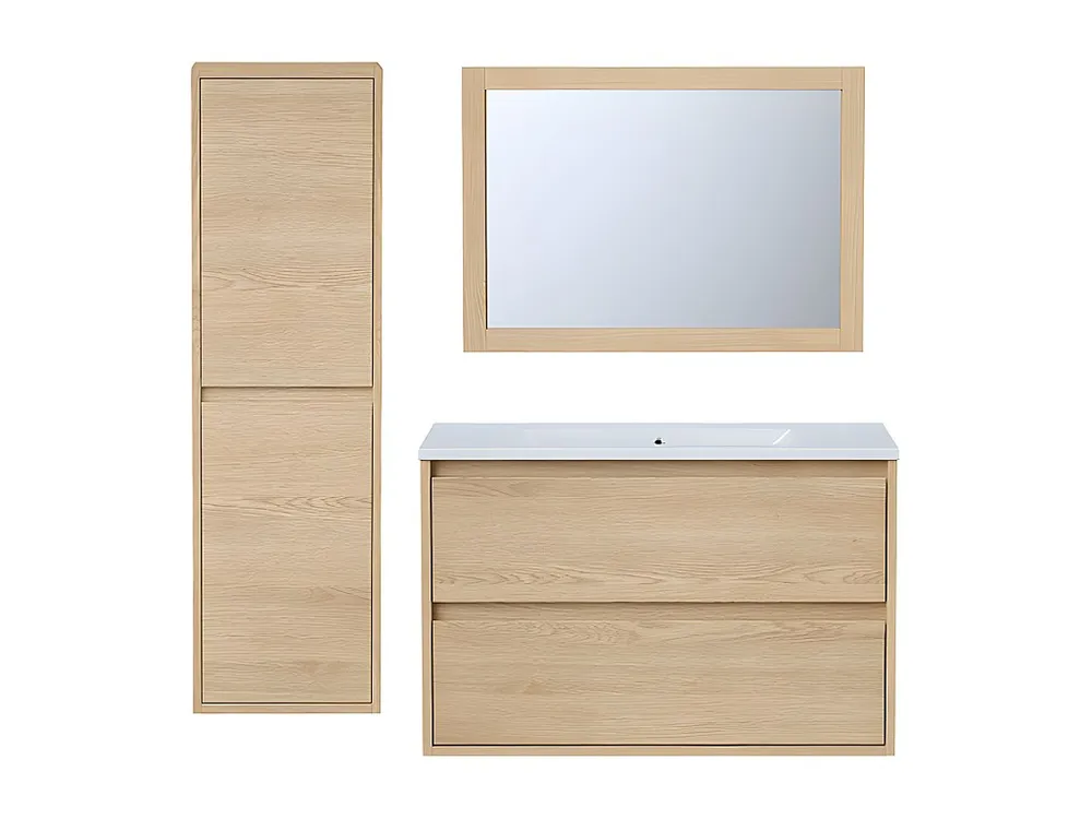 Hangmeubel voor badkamer met inbouwwastafel, spiegel, kast, eikenfineer, 80 cm, MILIPAM
