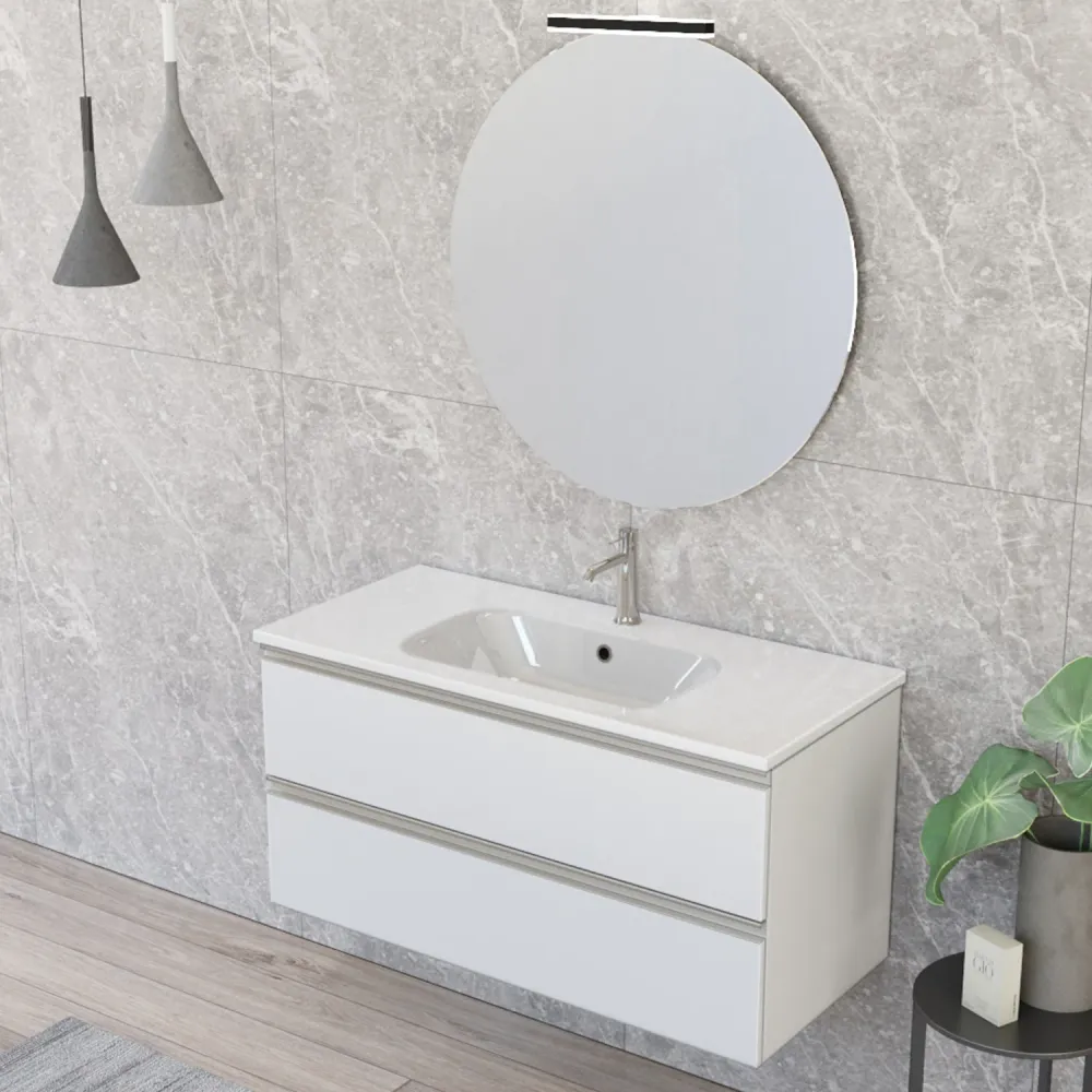 Nexu suspended bathroom composition 2 drawers sink mirror LED lamp 100x50 cm parelmoer