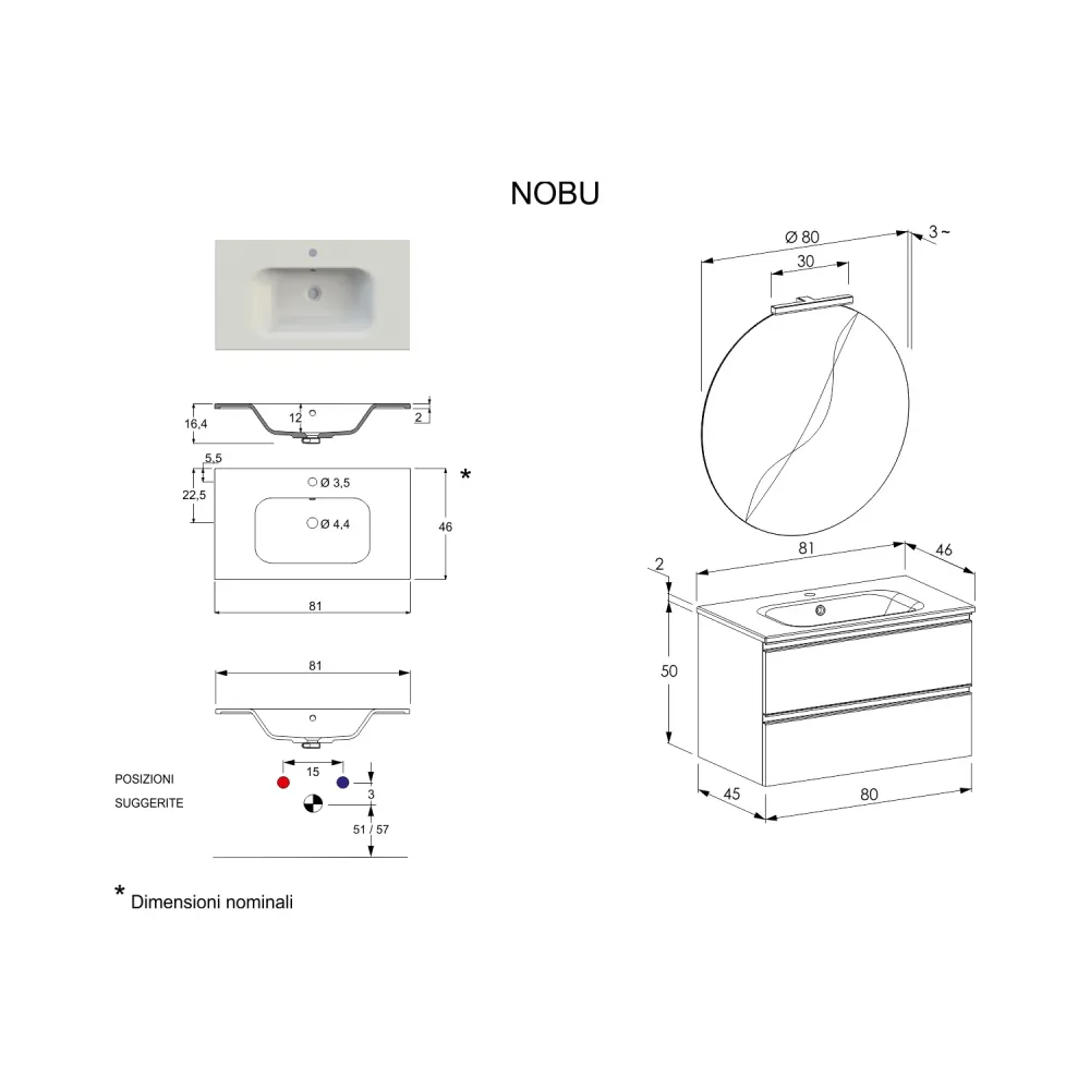 Nexu wall-mounted bathroom composition 2 drawers sink mirror LED lamp 80x50 cm warm grauw
