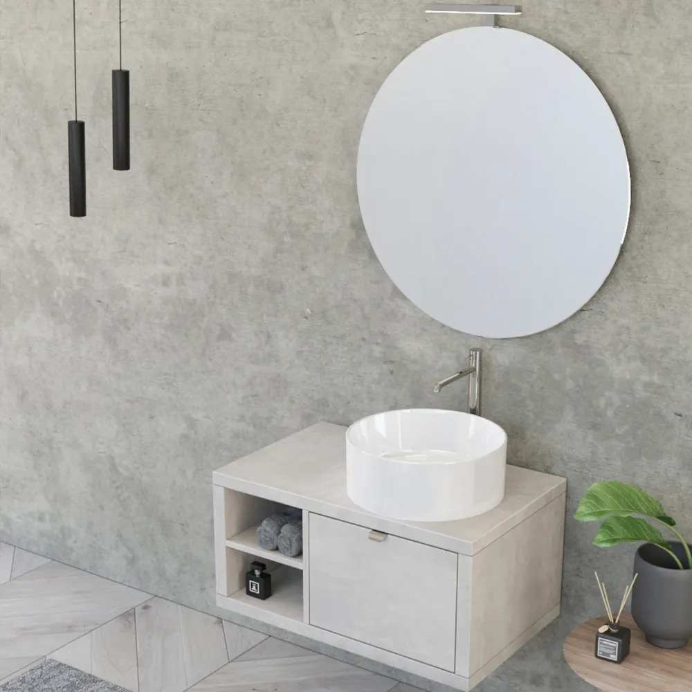 Nyumba suspended bathroom composition 1 drawer and open compartment sink, mirror, and LED lamp 80x40 cm sky asgrijs