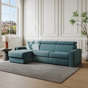 Omkeerbare slaapbank met hoek blauwe stof Bed van 160 cm dikte 18 cm VIZIR