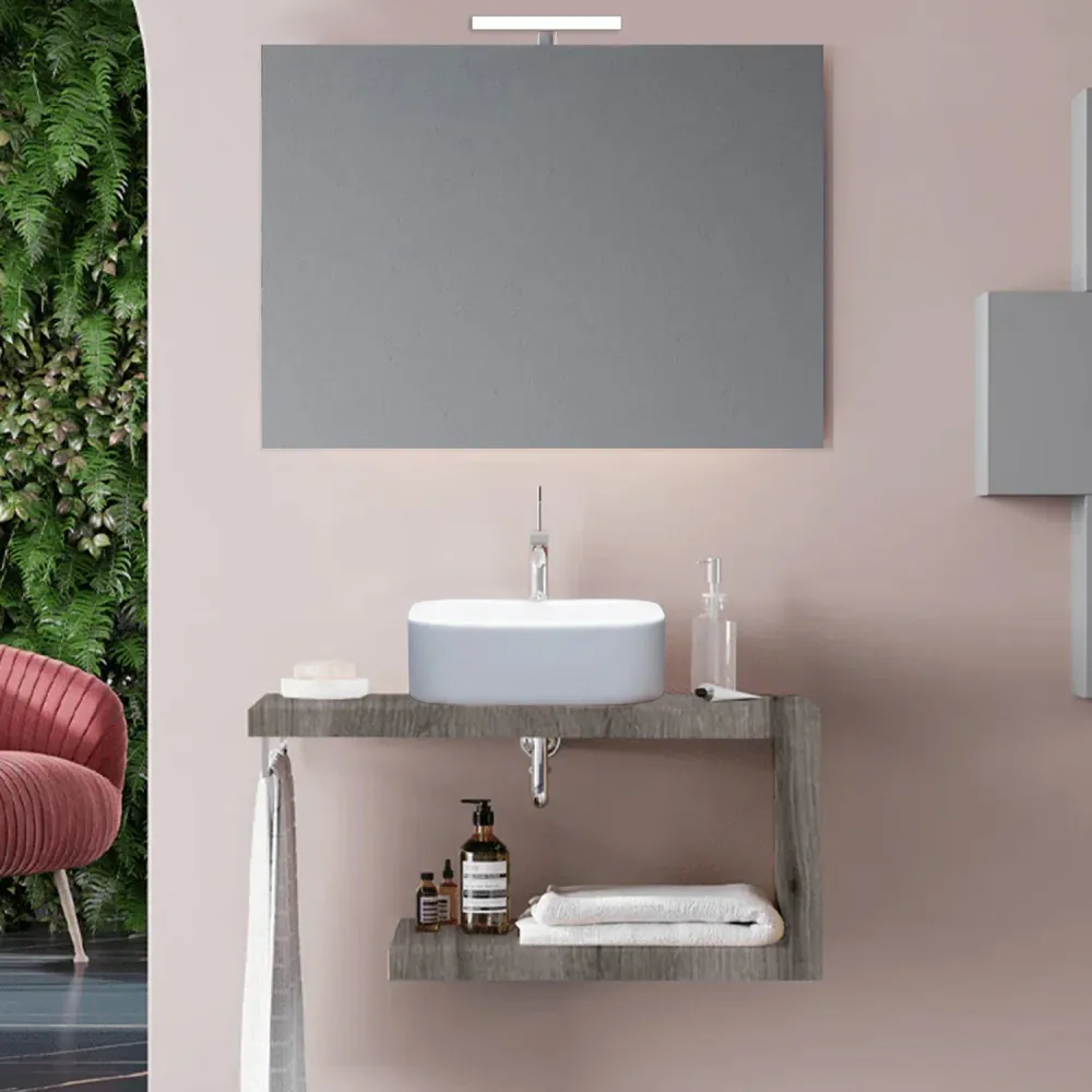 Open bathroom cabinet ceramic sink 80 cm fossil eiken - Cubi&Co Destiny model mirror and lamp