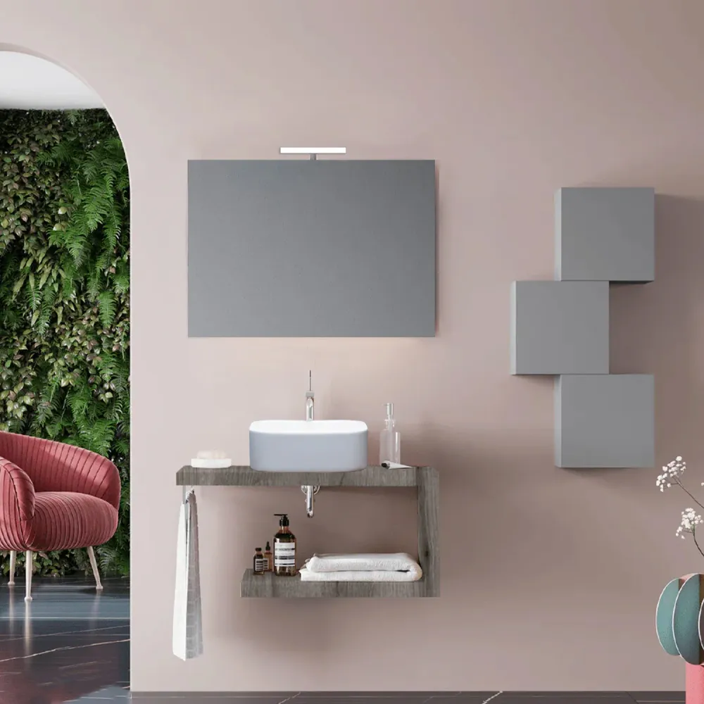Open bathroom cabinet ceramic sink 80 cm fossil eiken - Cubi&Co Destiny model mirror and lamp