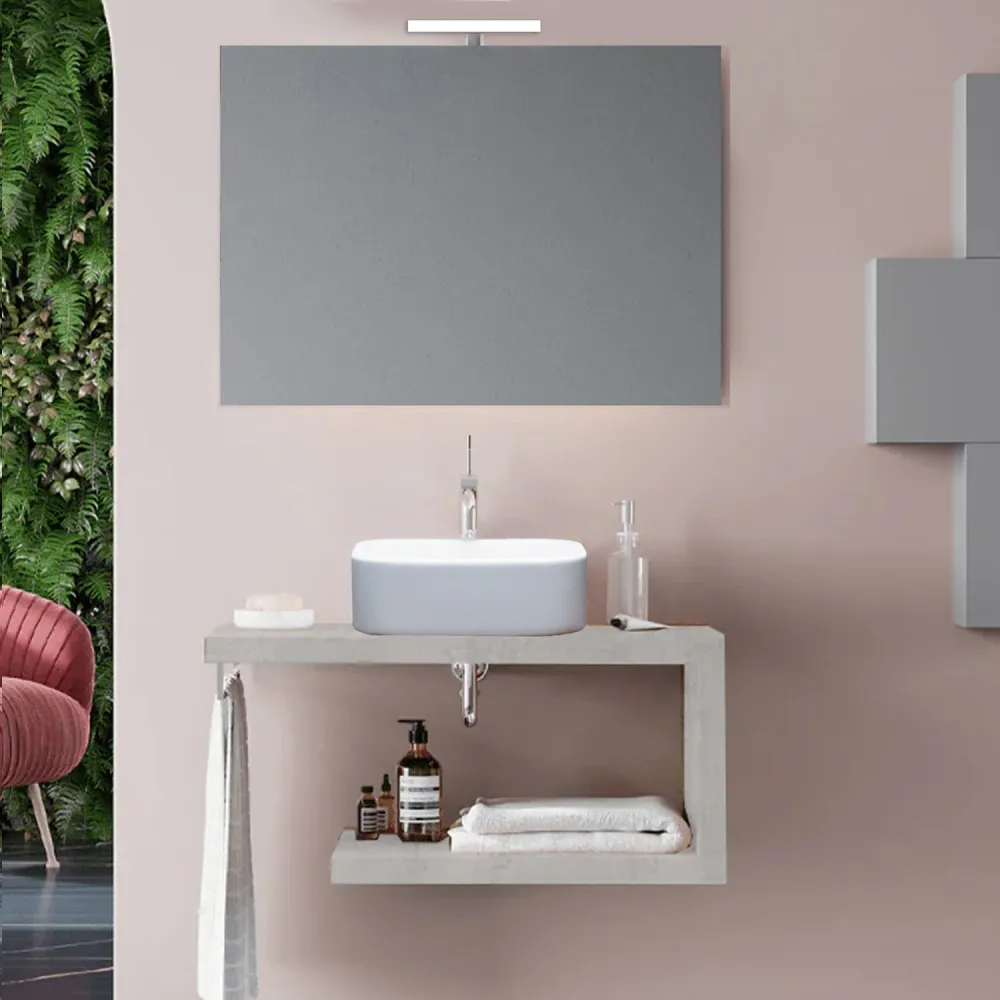 Open bathroom cabinet countertop sink 80 cm Beton - Cubi&Co Destiny model mirror and lamp
