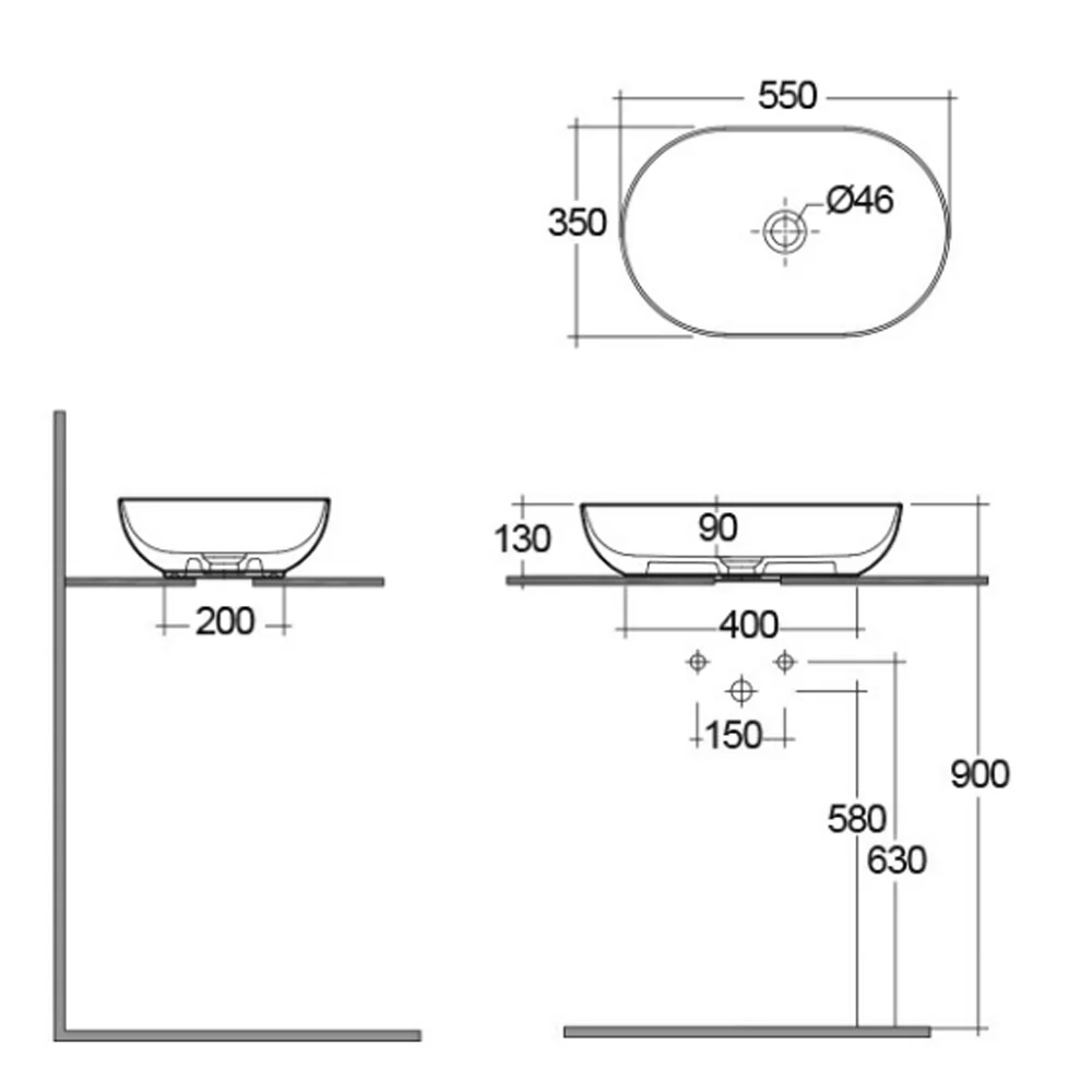 Oval countertop sink ijl edges Sensation ceramic 55x35 cm - Glossy White