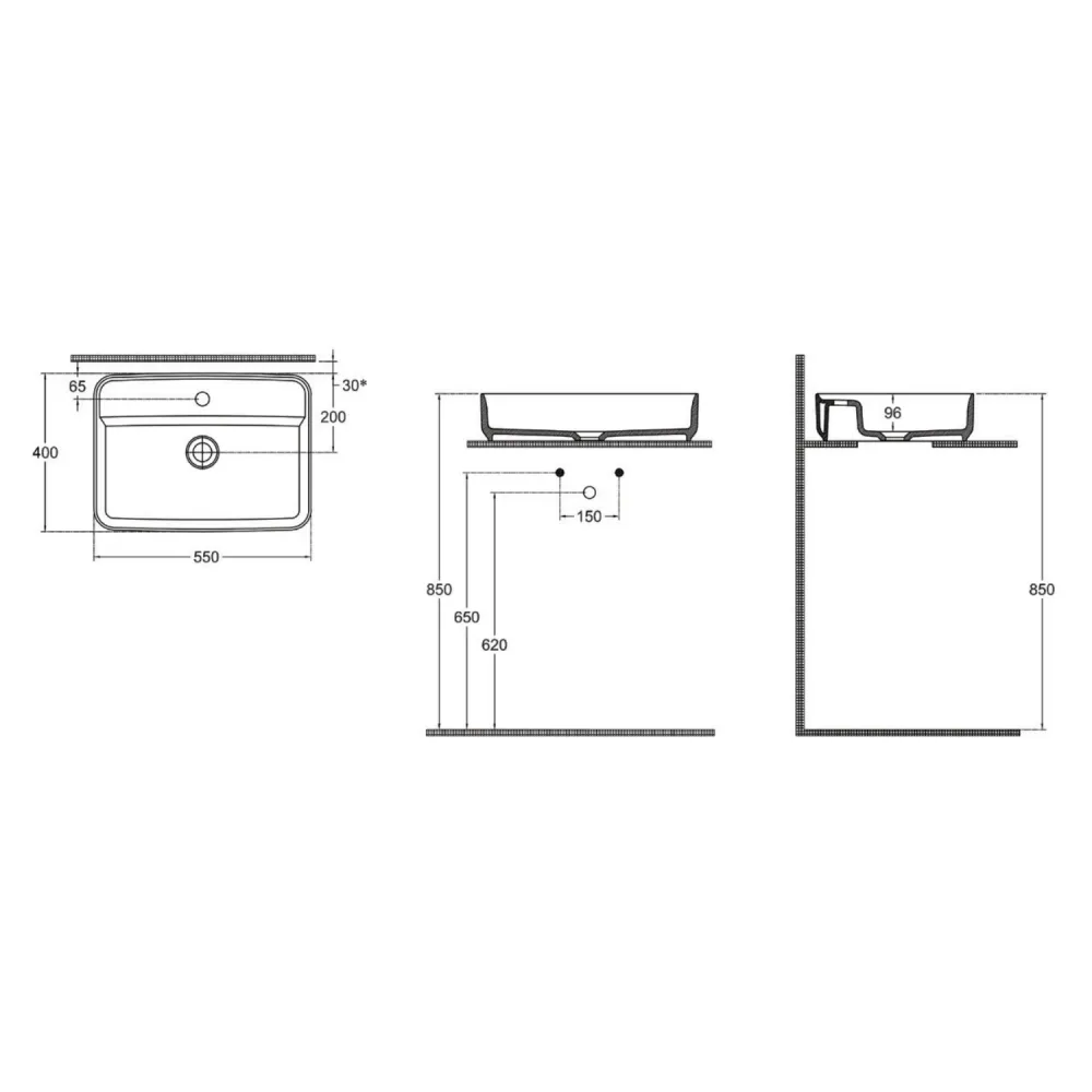 Rectangular countertop sink hole BathCore Infinity series 55x40 color Glanzend White