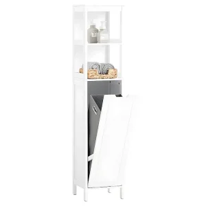 SoBuy Badkamerkolommeubel, hoge toiletkast, badkamerkastmeubel met planken en wasmand 30 x 30 x 145 cm, wit, BZR123-W