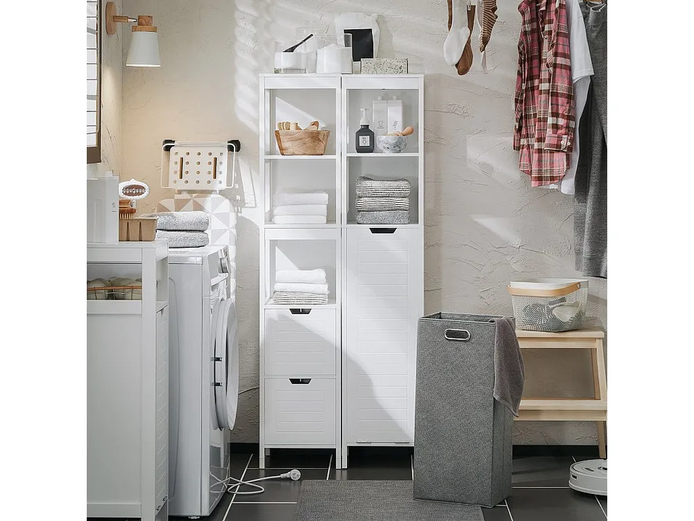 SoBuy Badkamerkolommeubel, hoge toiletkast, badkamerkastmeubel met planken en wasmand 30 x 30 x 145 cm, wit, BZR123-W