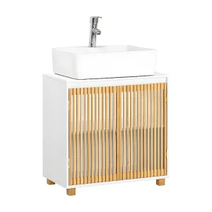 SoBuy wastafelmeubel, bamboe spoelbak met 2 deuren, kastopbergkast spoelbak, L60 x D30 x H61 cm, BZR125-W