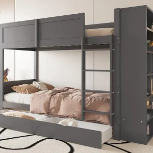 Stapelbed 90x200cm - met 2 lades en zijplanken - 2 lattenbodems - Grijs