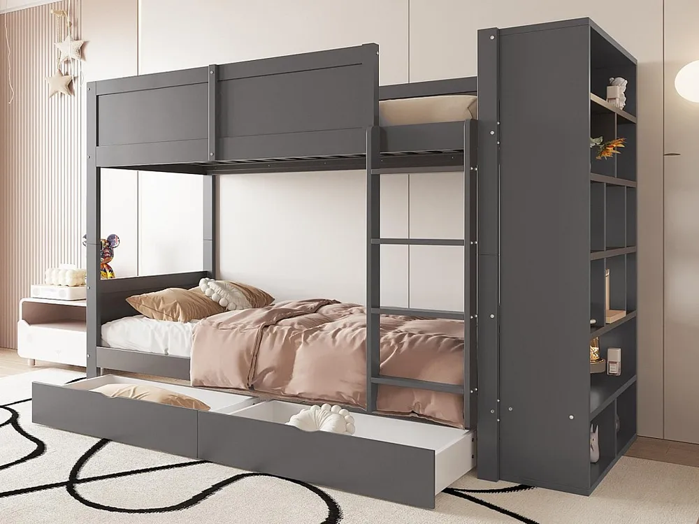 Stapelbed 90x200cm - met 2 lades en zijplanken - 2 lattenbodems - Grijs