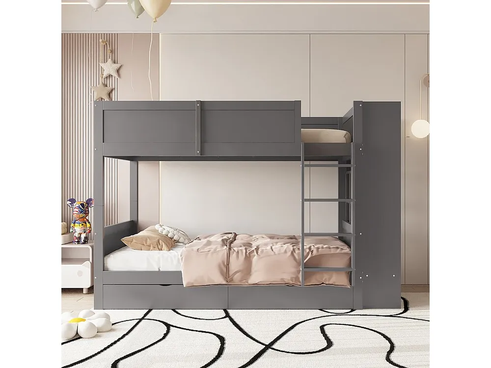 Stapelbed 90x200cm - met 2 lades en zijplanken - 2 lattenbodems - Grijs