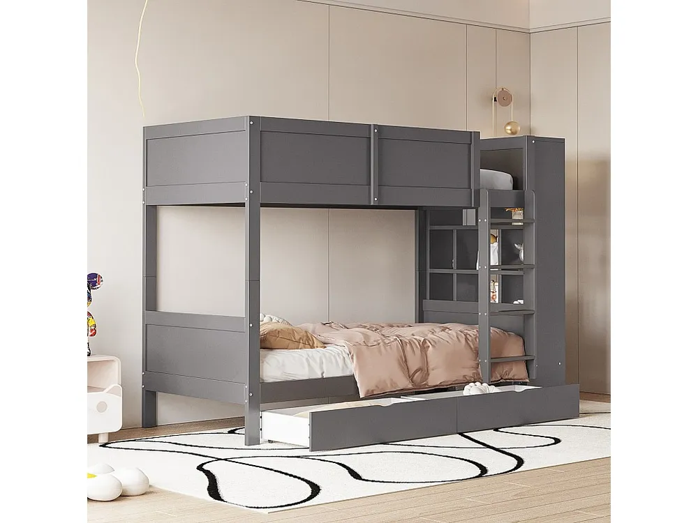 Stapelbed 90x200cm - met 2 lades en zijplanken - 2 lattenbodems - Grijs