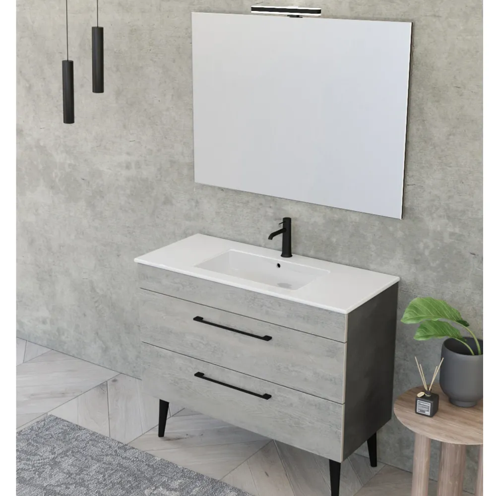 Suspended bathroom composition Smack 2 drawers 100x62 sink, mirror LED lamp cement wood and cement
