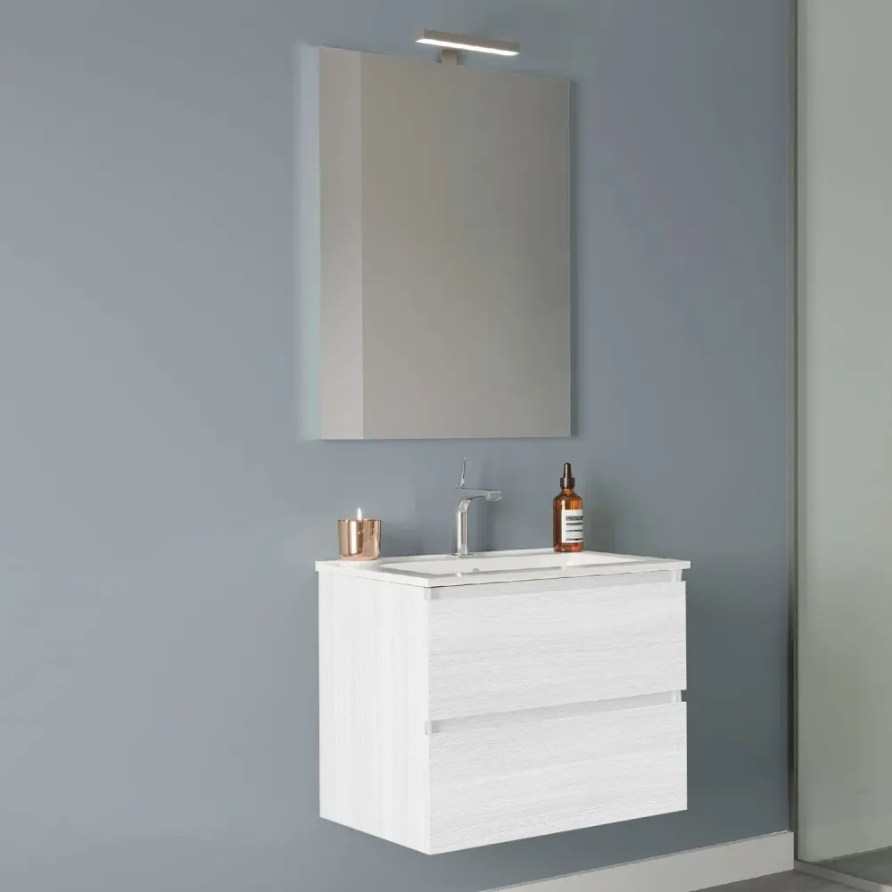 Wall-hung bathroom cabinet van keramiek sink, mirror, and lamp 60 cm, White Oak color - Cubi&Co model Symmetry Classic 1