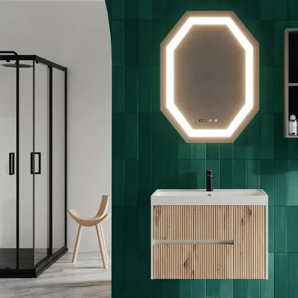 Wall-hung ribbed bathroom cabinet sink and octagonal mirror 80 cm gold eik color - Cubi&Co Pure Collection